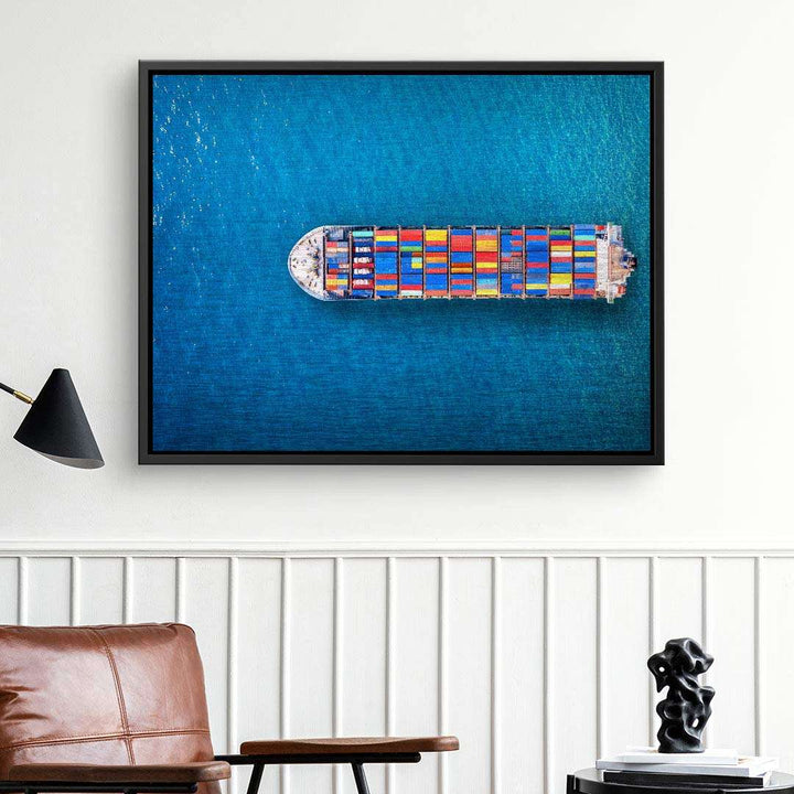 Wandbild mit Luftaufnahme eines Containerschiffs auf blauem Meer, moderne Inneneinrichtung