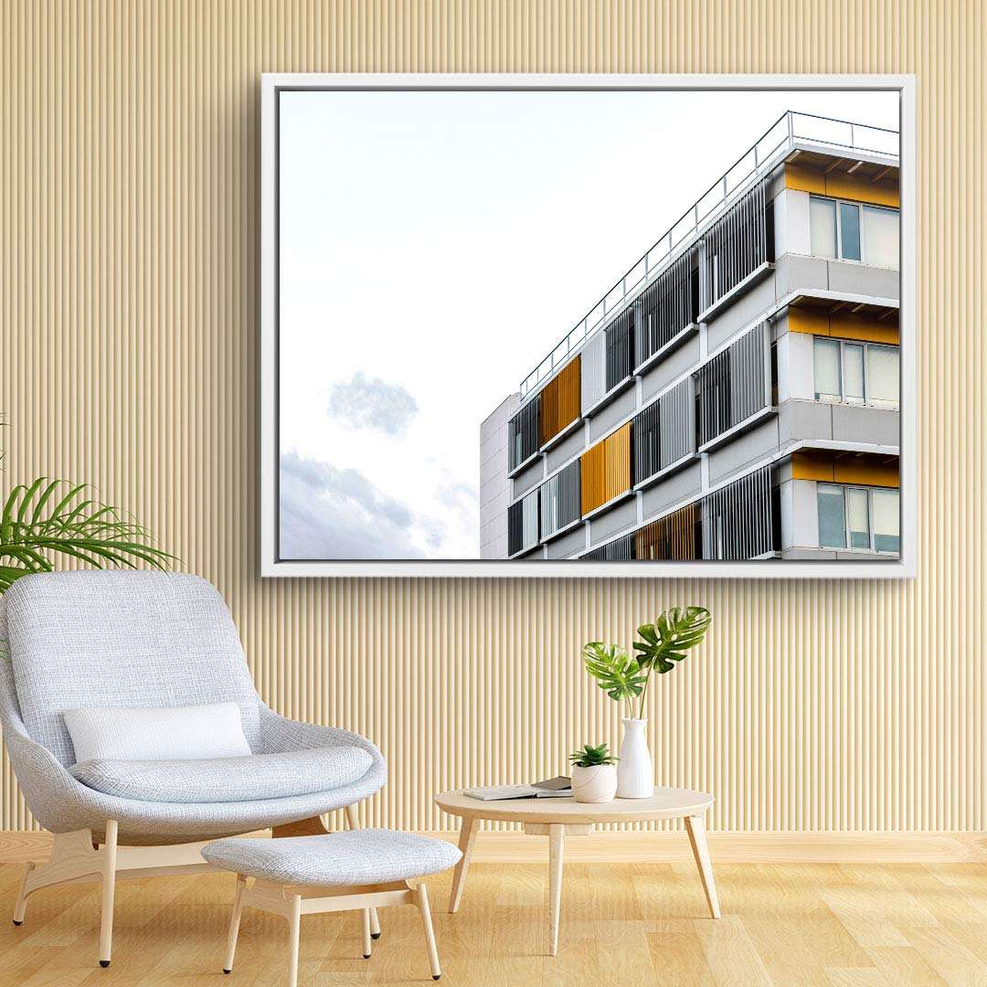 Modernes Wandbild mit Architekturmotiv, abstraktes Gebäude mit gelben und grauen Elementen, Wohnzimmer Dekoration