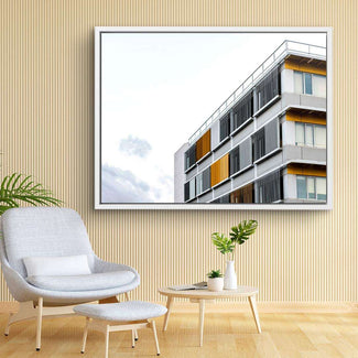 Modernes Wandbild mit Architekturmotiv, abstraktes Gebäude mit gelben und grauen Elementen, Wohnzimmer Dekoration