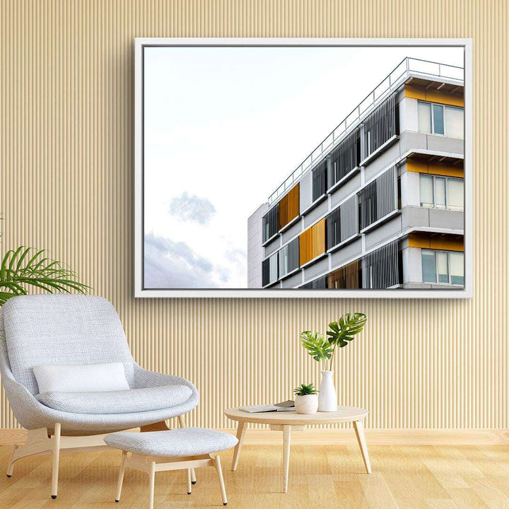 Modernes Wandbild mit Architekturmotiv, abstraktes Gebäude mit gelben und grauen Elementen, Wohnzimmer Dekoration