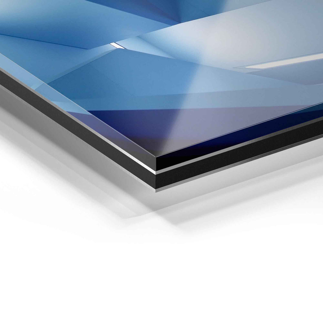 Detailansicht eines blauen Wandbilds auf Acrylglas mit modernem, glänzendem Finish