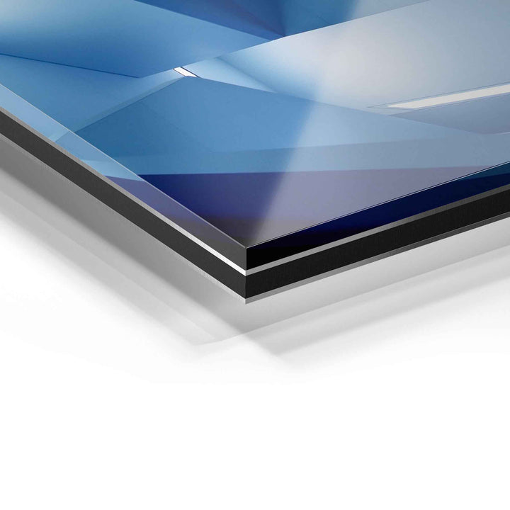 Detailansicht eines blauen Wandbilds auf Acrylglas mit modernem, glänzendem Finish