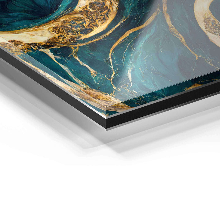 Detailansicht modernes Acrylglas-Wandbild mit abstraktem, marmoriertem Muster in Blau und Gold