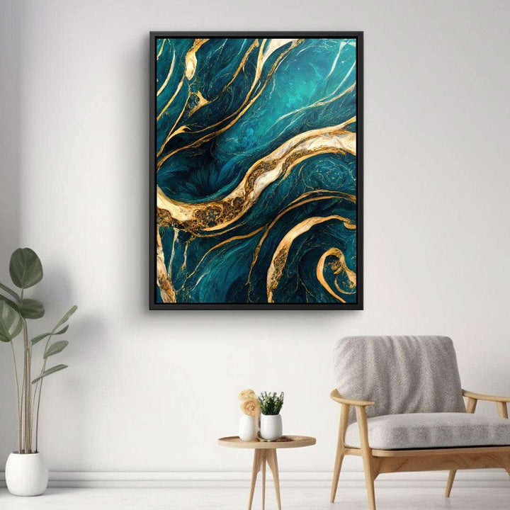 Abstraktes Wandbild mit goldenen und blauen Wirbeln, Leinwandbild im modernen Wohnzimmer