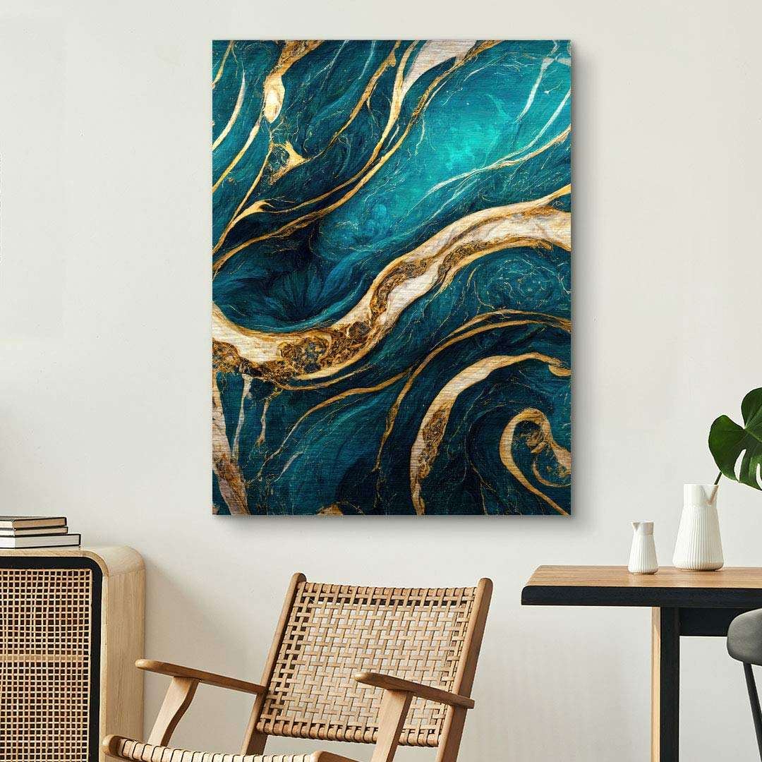 Abstraktes Wandbild mit goldenen und türkisblauen Marmor-Strukturen in modernem Wohnzimmer