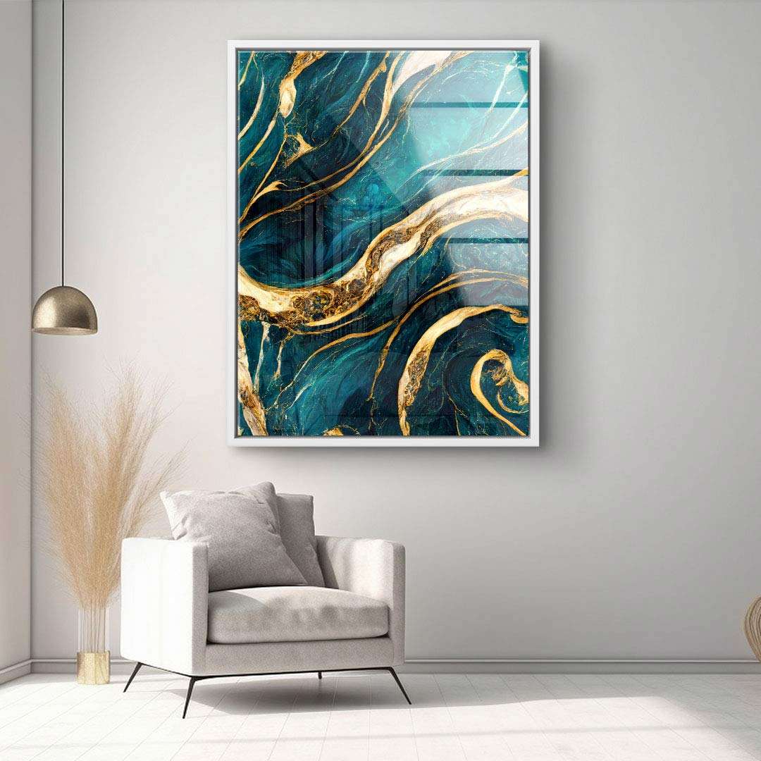 Abstraktes Wandbild mit goldenen und türkisfarbenen Marmor-Effekt in modernem Wohnzimmer