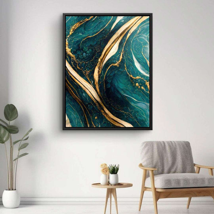 Modernes abstraktes Wandbild in Blau und Gold im Wohnzimmer, dekorative Kunst auf Leinwand