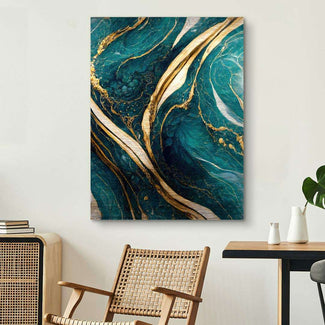 Modernes Wandbild mit abstraktem Muster in Türkis und Gold, stilvoll im Wohnzimmer