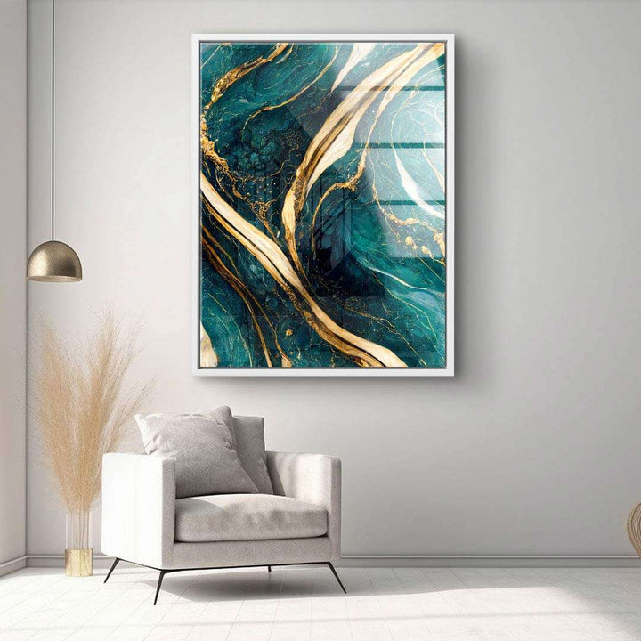 Modernes Wohnzimmer mit abstraktem Wandbild in Türkis und Gold, Leinwandbild über Sessel