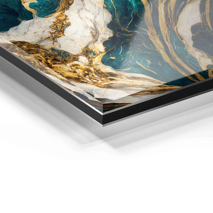 Detailansicht Acrylglas-Wandbild mit abstrakten goldenen, weißen und blauen Strukturen