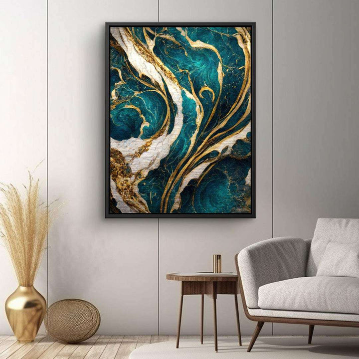 Modernes abstraktes Wandbild in Türkis und Gold, Wohnzimmer, stilvolle Wohnzimmerdeko