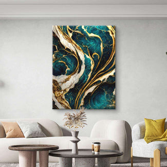 Abstraktes Leinwandbild in Türkis, Gold und Weiß, modernes Kunstwerk im Wohnzimmer