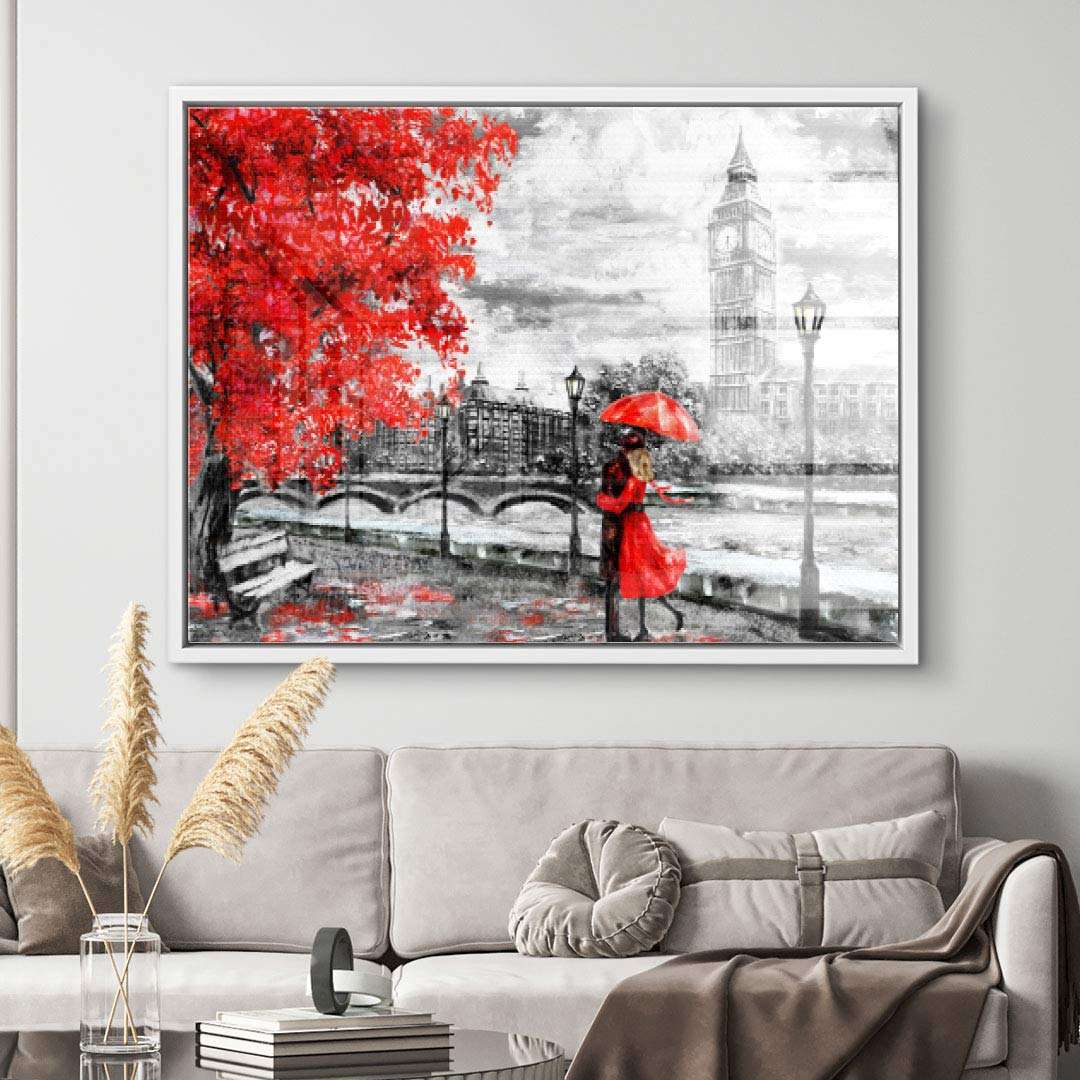 Leinwandbild mit rotem Baum, Frau mit rotem Mantel und Regenschirm vor Big Ben in London
