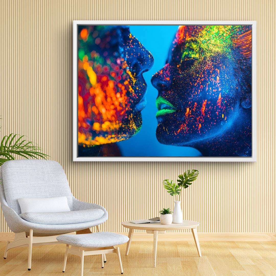 Modernes Wandbild mit zwei Gesichtern, Neonfarben auf dunkelblauem Hintergrund, Kunst Leinwand