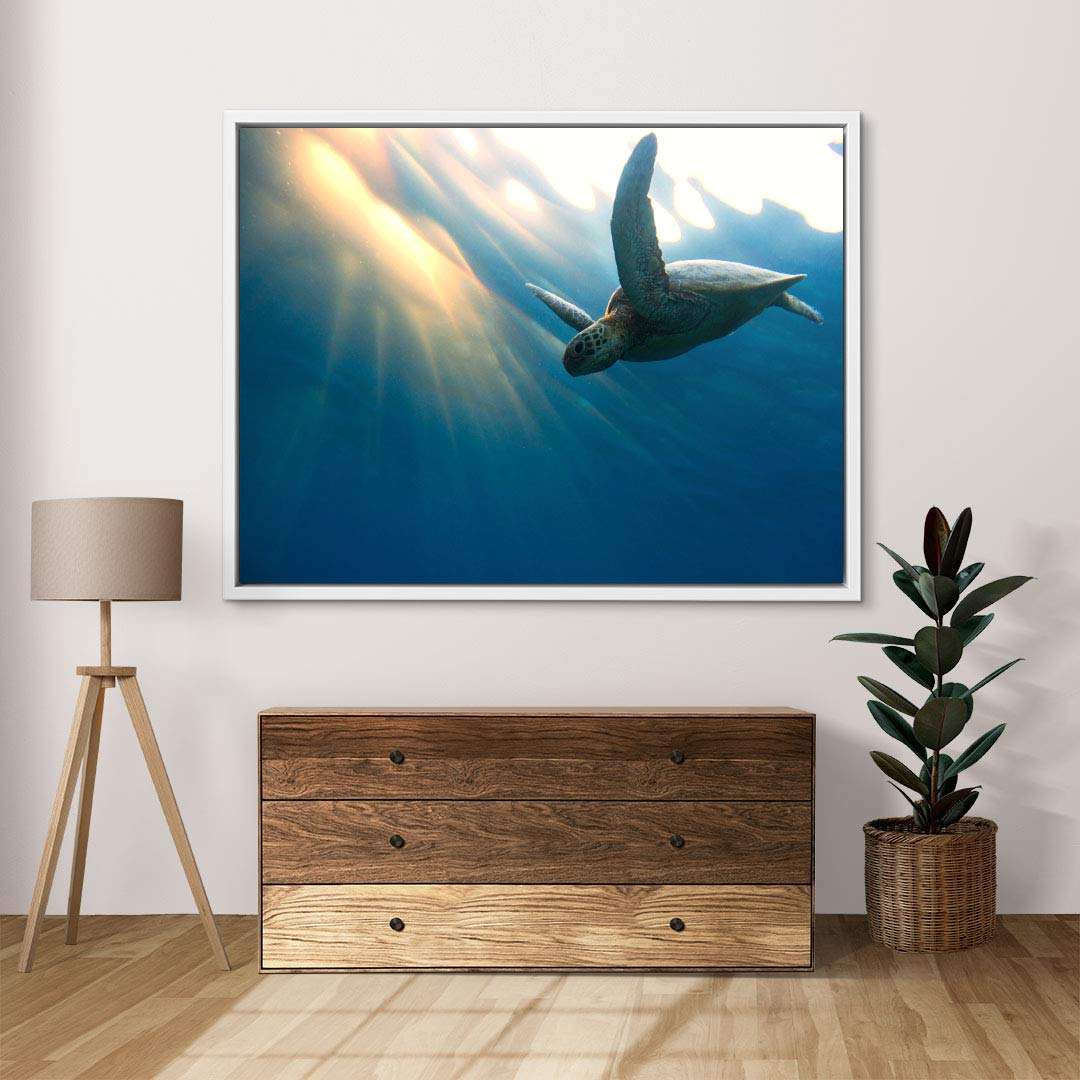 Wandbild mit Meeresschildkröte unter Wasser, Sonnenstrahlen, modernes Wohnzimmer-Dekor