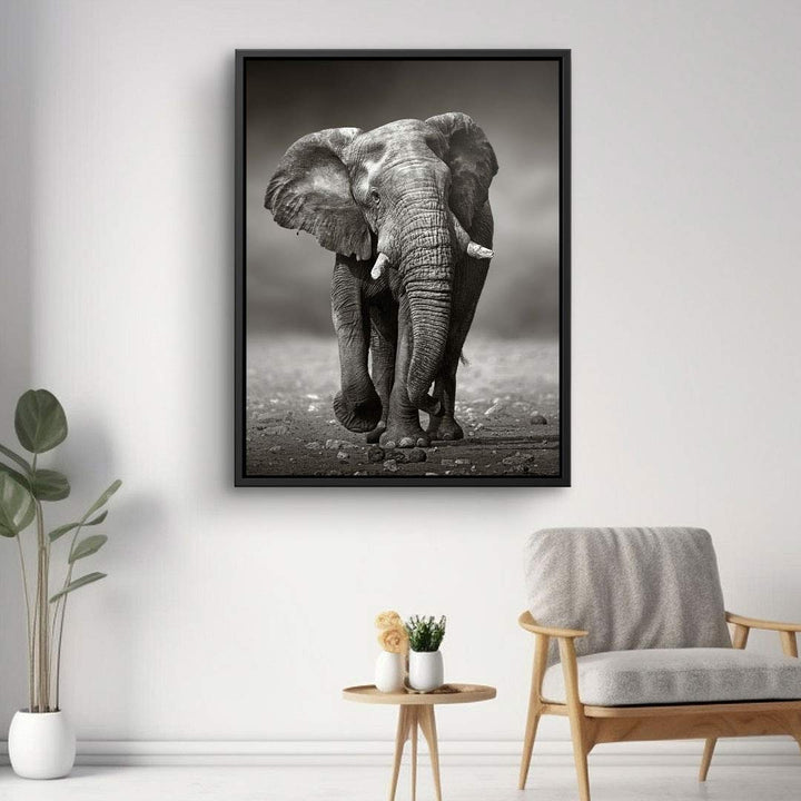 Schwarzweiß Wandbild mit Elefant, modernes Leinwandbild im minimalistischen Wohnzimmer