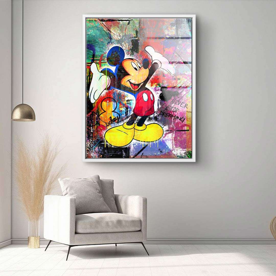 Modernes Wohnzimmer mit buntem Pop Art Wandbild Comic-Mouse auf Leinwand, Graffiti-Stil
