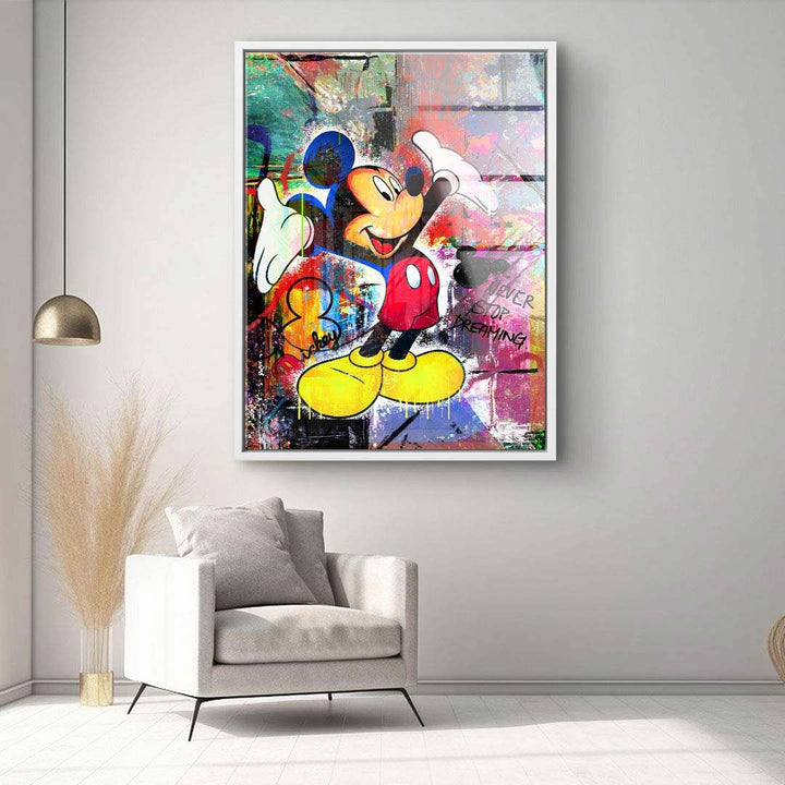 Modernes Wohnzimmer mit buntem Pop Art Wandbild Comic-Mouse auf Leinwand, Graffiti-Stil