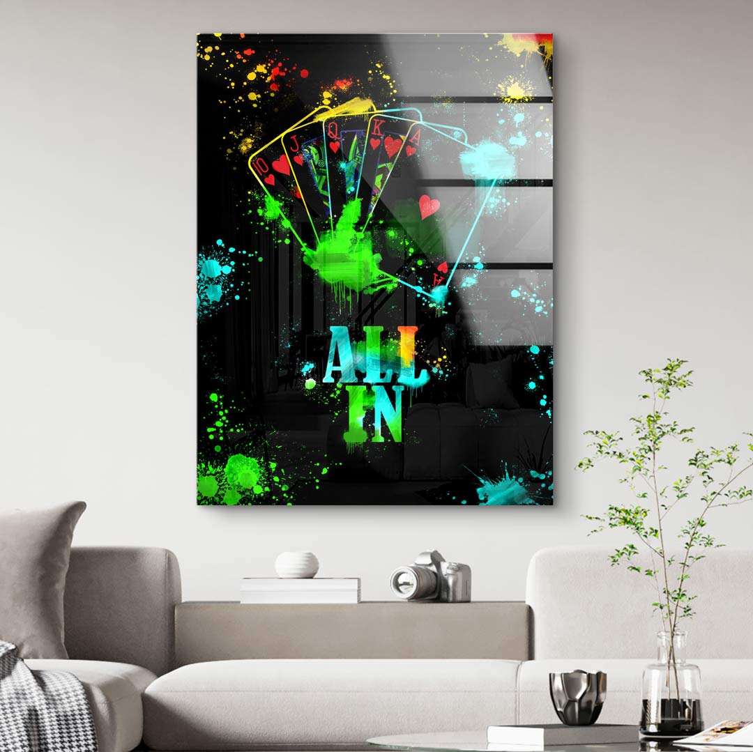 Modernes Wandbild mit buntem Pokerkarten-Motiv und Schriftzug 'All In', abstrakte Kunst im Wohnzimmer