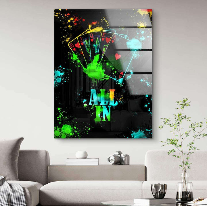 Modernes Wandbild mit buntem Pokerkarten-Motiv und Schriftzug 'All In', abstrakte Kunst im Wohnzimmer