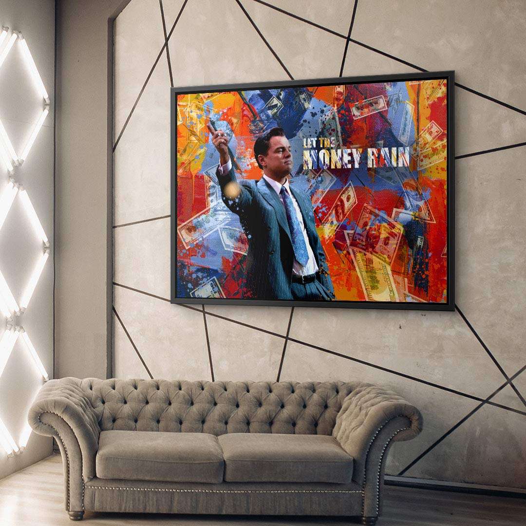 Modernes Wandbild mit Mann im Anzug, buntem Geldmotiv und Text auf Leinwand, Wohnzimmer-Deko