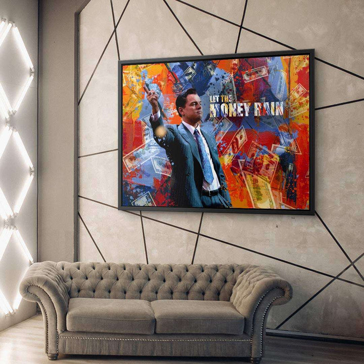 Modernes Wandbild mit Mann im Anzug, buntem Geldmotiv und Text auf Leinwand, Wohnzimmer-Deko