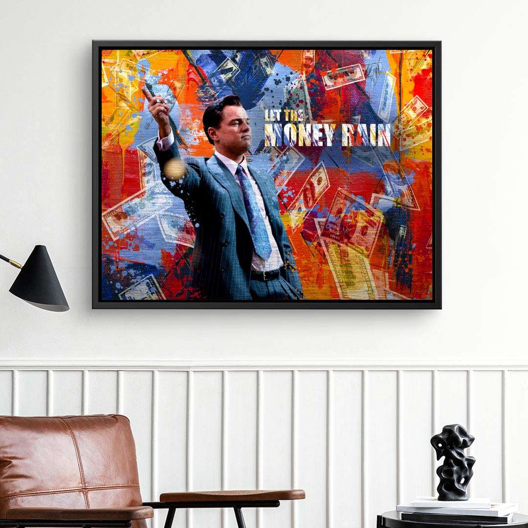 Modernes Wandbild mit Anzugträger, Geldscheinen und bunter Pop Art, Schriftzug 'Let the Money Rain'.