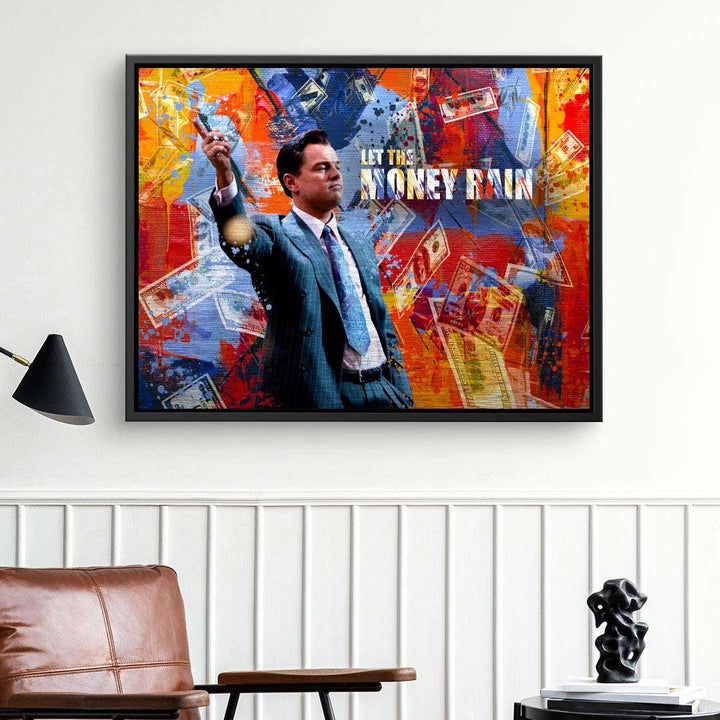 Modernes Wandbild mit Anzugträger, Geldscheinen und bunter Pop Art, Schriftzug 'Let the Money Rain'.