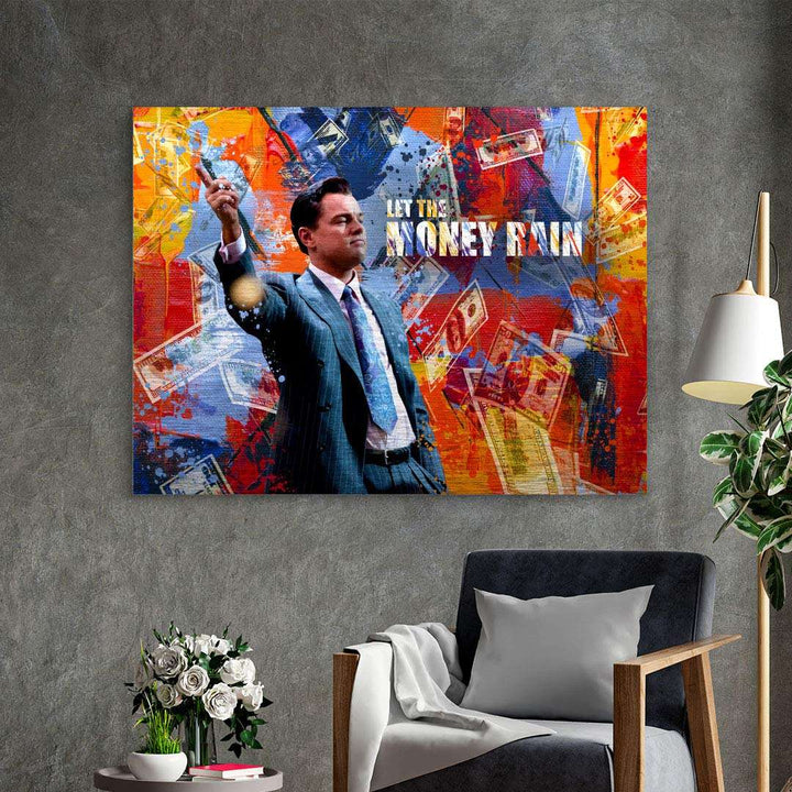 Modernes Wandbild im Pop Art Stil, Mann im Anzug mit Geldscheinen und Schriftzug "Let the money rain".