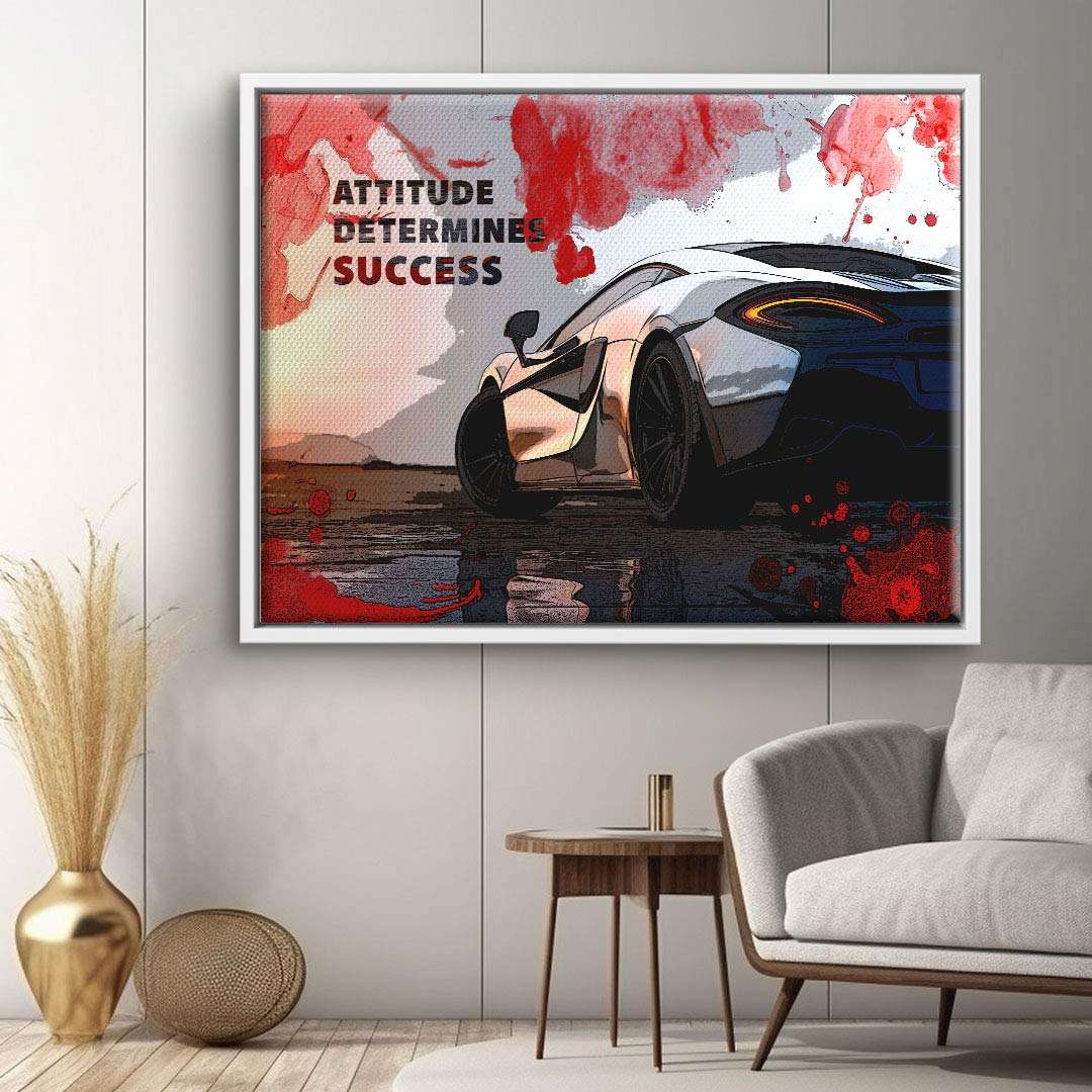Modernes Wandbild mit Sportwagen, Spruch 'Attitude determines success', rote Farbakzente, Wohnzimmer