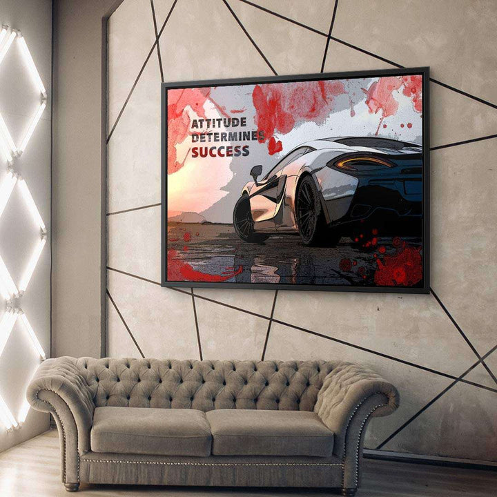 Motivationsbild Sportwagen auf Leinwand, moderner Look, Wohnzimmer, Wandbild mit Schriftzug