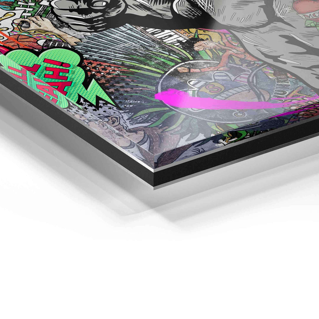 Detailansicht Acrylglas Wandbild mit buntem Pop Art Comic-Motiv und glänzender Oberfläche