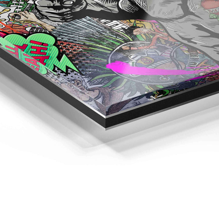 Detailansicht Acrylglas Wandbild mit buntem Pop Art Comic-Motiv und glänzender Oberfläche