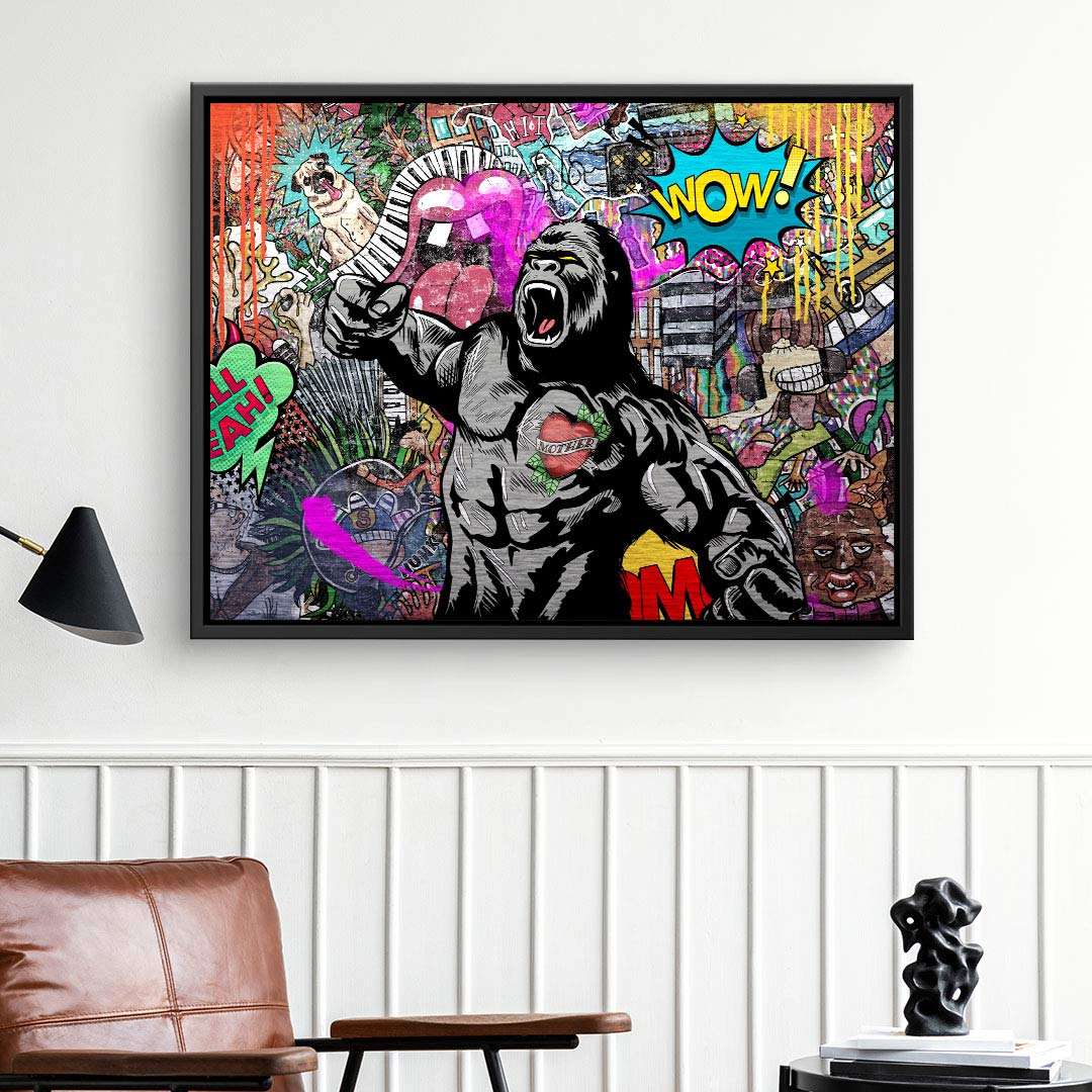Pop Art Wandbild mit brüllendem Gorilla und buntem Graffiti, Leinwand Kunst für Wohnzimmer