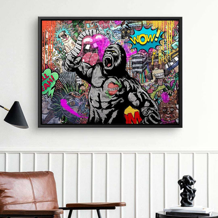 Pop Art Wandbild mit brüllendem Gorilla und buntem Graffiti, Leinwand Kunst für Wohnzimmer