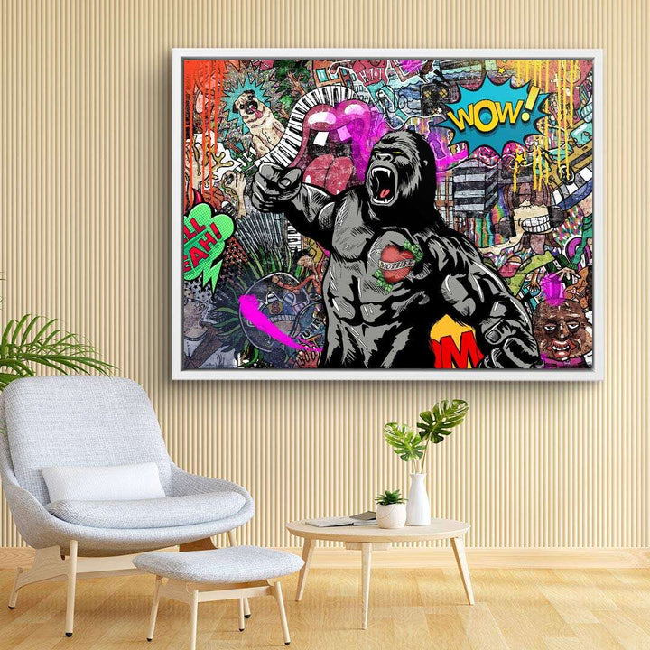 Pop Art Gorilla Wandbild auf Leinwand mit buntem Comic-Motiv, moderne Wanddekoration