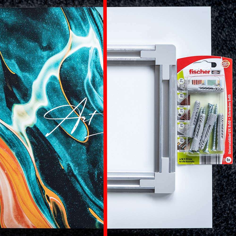 Galerieaufhängung für abstraktes Wandbild, Rückseite mit Montageset und Dübeln
