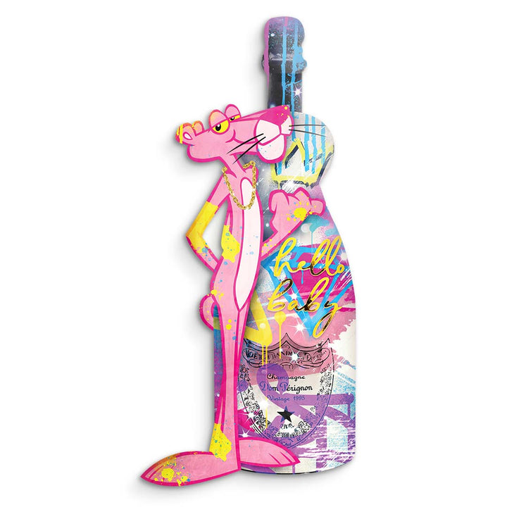 Pop Art Acrylbild Pink Panther mit bunter Champagnerflasche, moderner Wanddekor