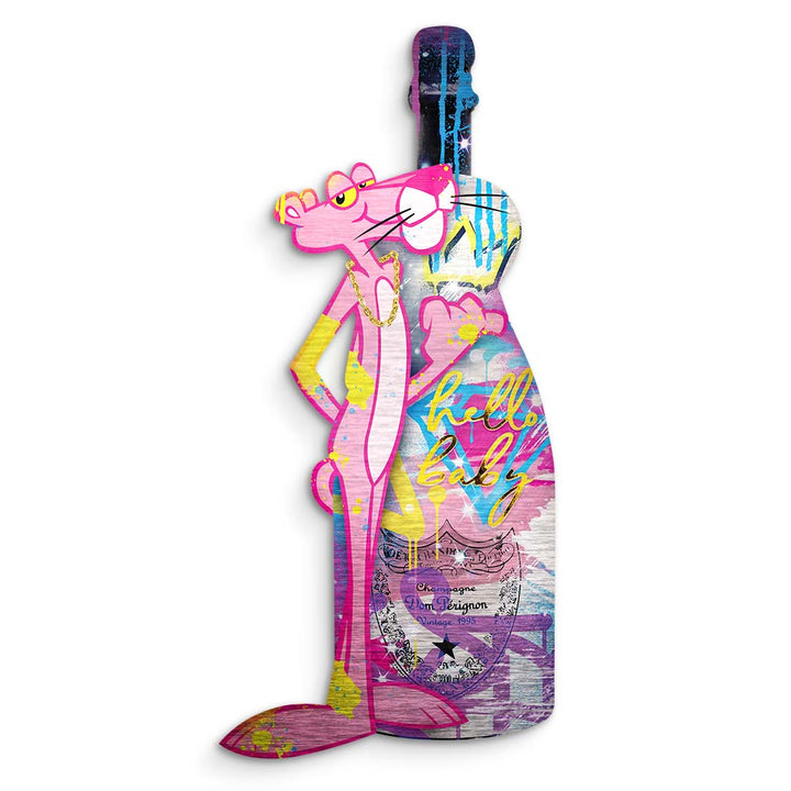 Pop Art Wandbild mit pinkem Panther und bunter Champagnerflasche, Graffiti-Stil
