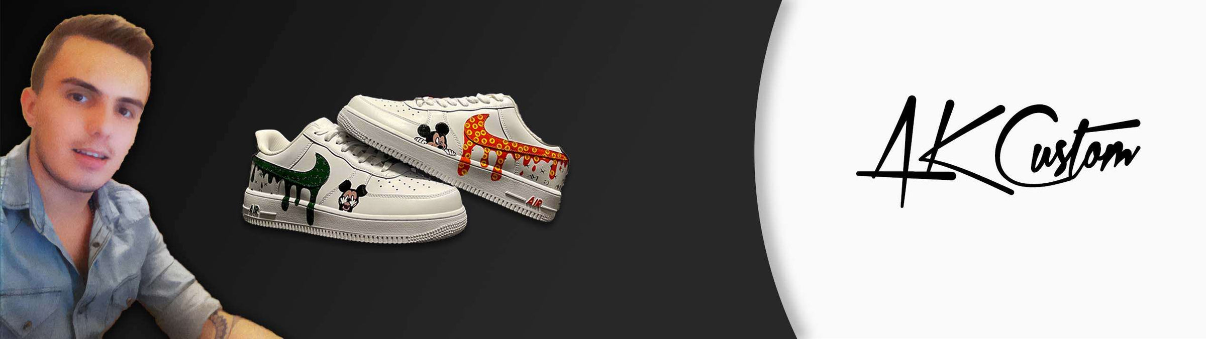 Individuell gestaltete Sneaker mit Comic-Motiven und bunten Farbakzenten, Künstlerportrait links.