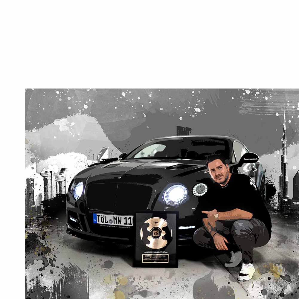 Mann kniet vor schwarzem Luxusauto mit Auszeichnung, Städtesilhouette im Hintergrund, moderner Stil