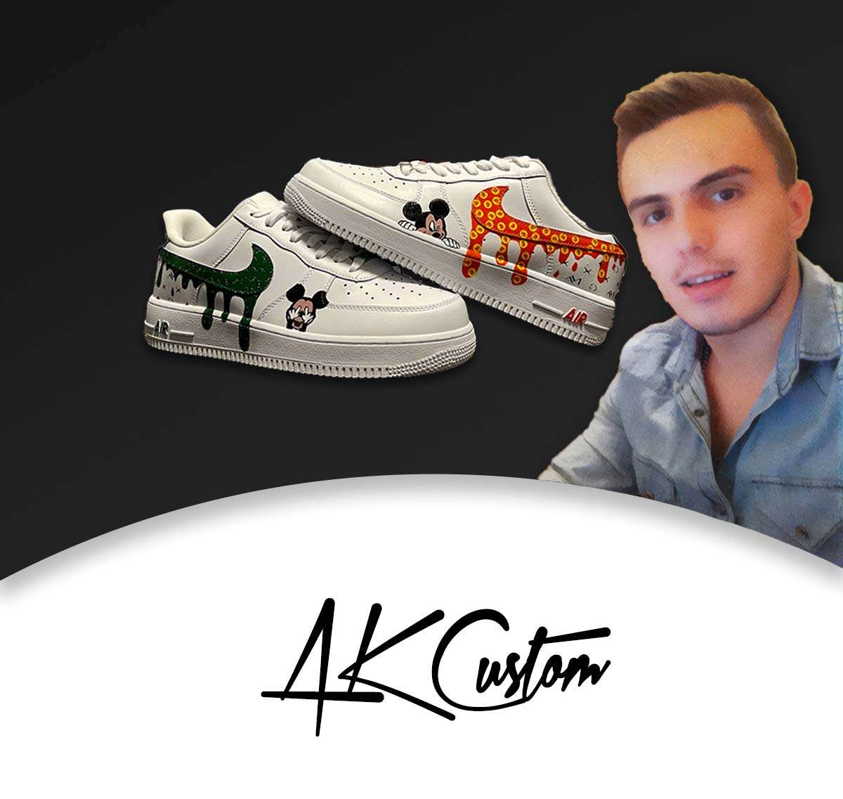 Weiße Sneaker mit buntem Mickey-Maus-Design und kreativem Farbverlauf, Person im Hintergrund