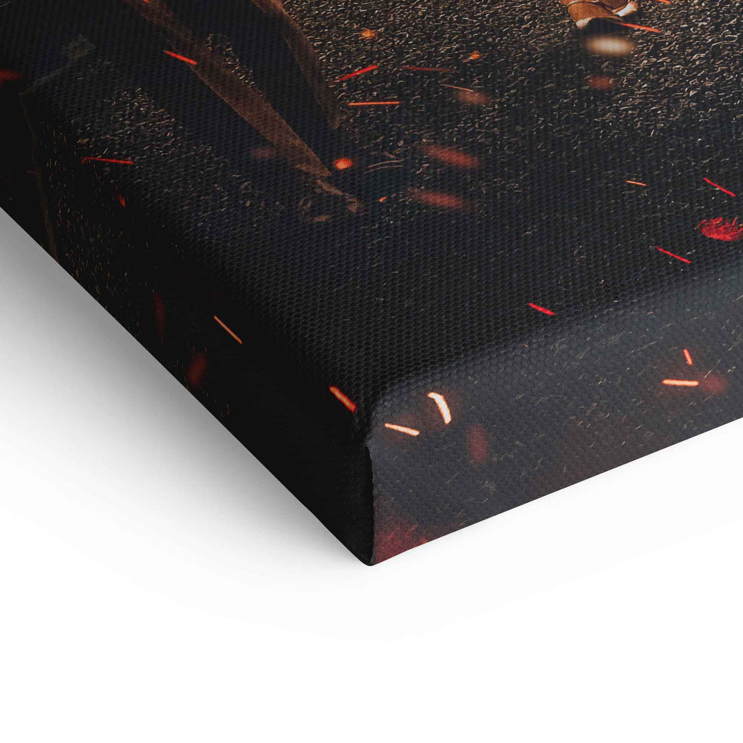 Detailansicht Leinwandbild mit feiner Struktur und orangefarbenen Lichteffekten