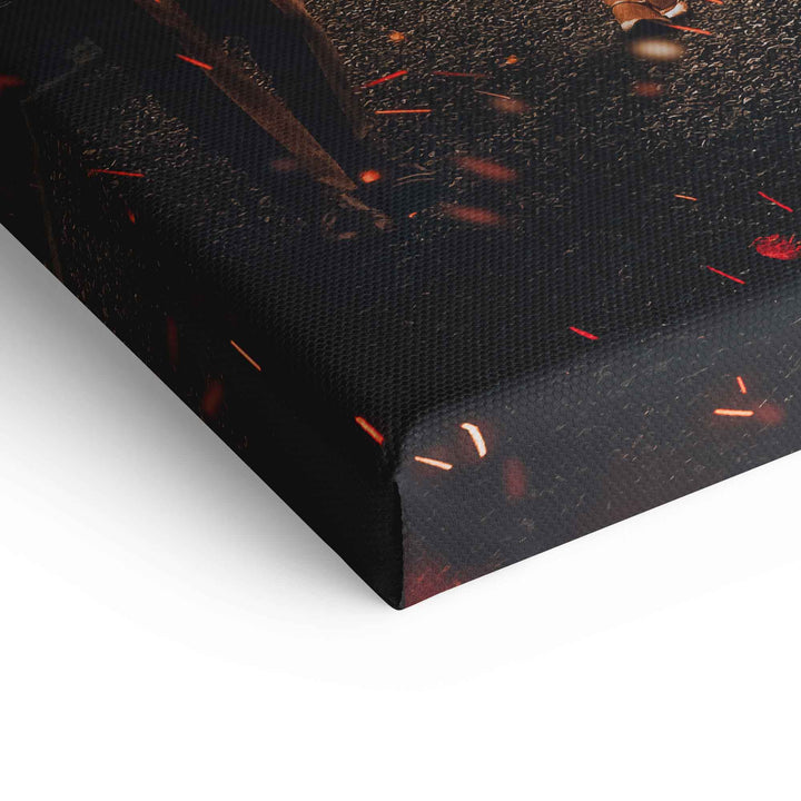 Detailansicht Leinwandbild mit feiner Struktur und orangefarbenen Lichteffekten