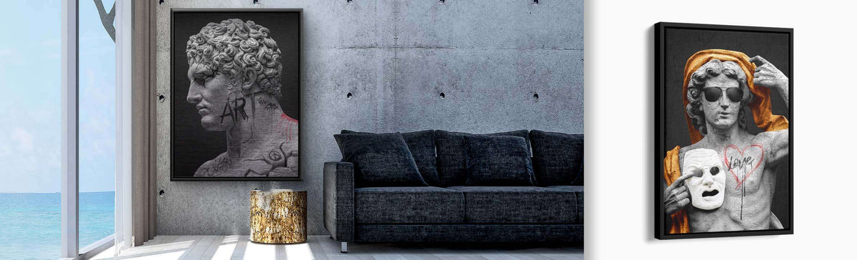 Moderne Wandbilder mit klassischen Skulpturen, Graffiti-Details und urbanem Kunststil