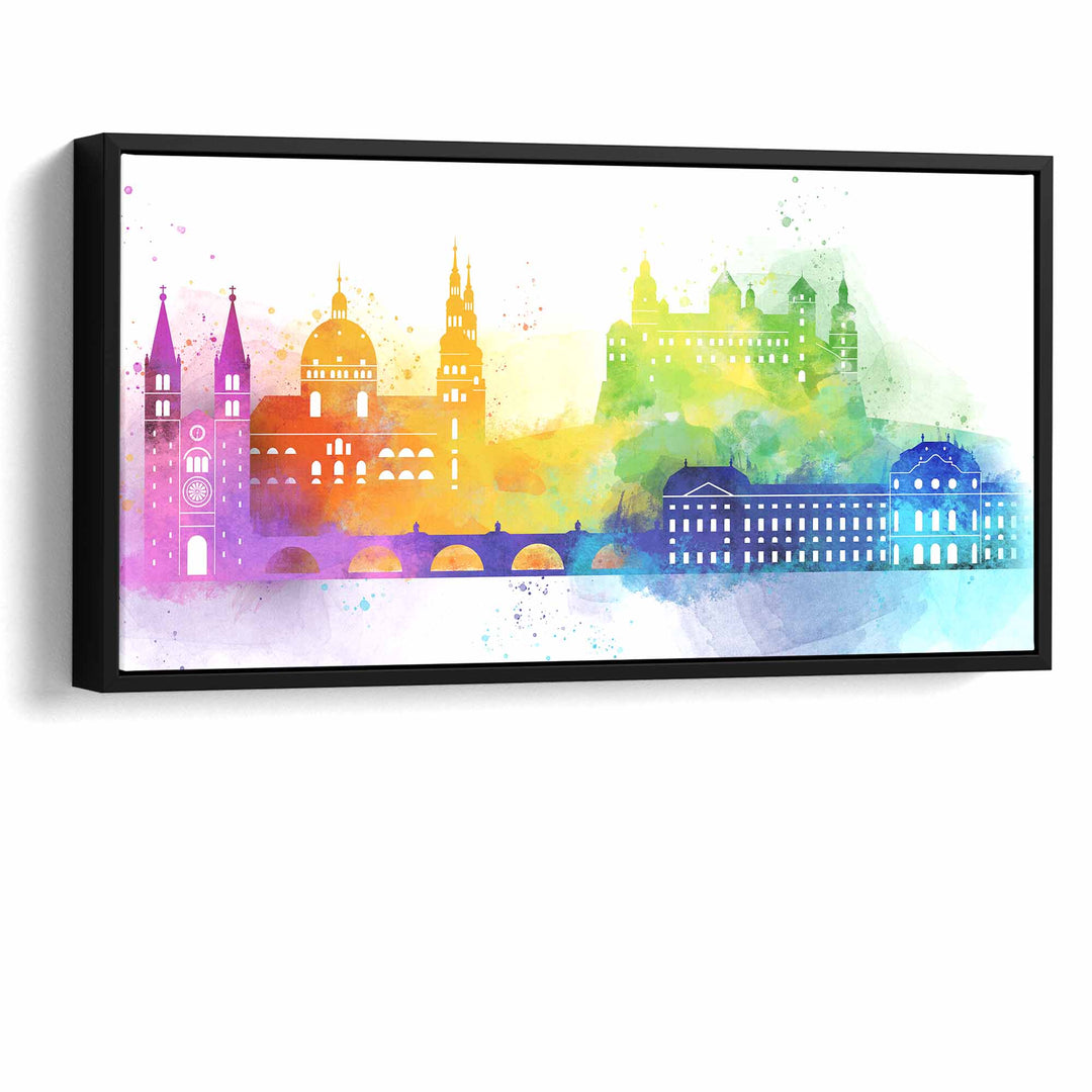 Modernes Würzburg Wandbild, Skyline in buntem Aquarell-Look, auf Leinwand gerahmt