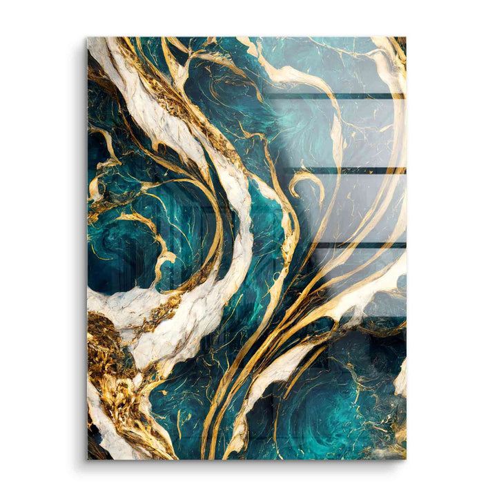 Abstraktes Acryl Wandbild in Blau, Weiß und Gold mit marmorierten und wirbelnden Mustern
