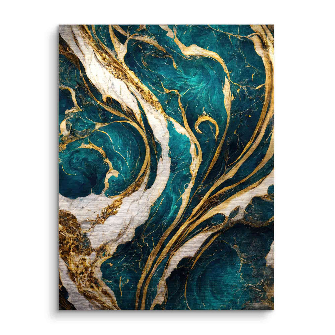 Abstraktes Wandbild mit goldenen, weißen und türkis-blauen Marmormustern, moderne Kunst