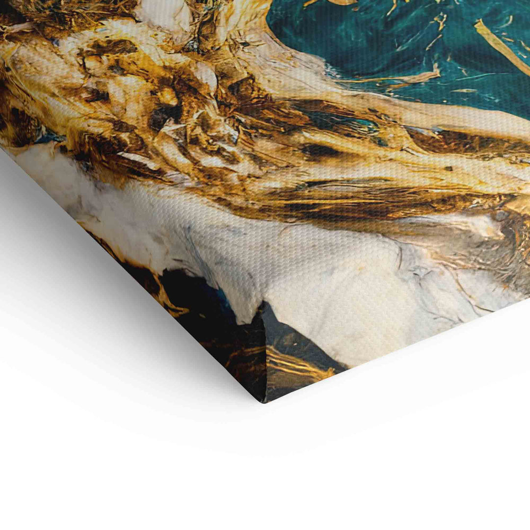 Detailansicht abstraktes Wandbild auf Leinwand mit goldenen und blauen Mustern