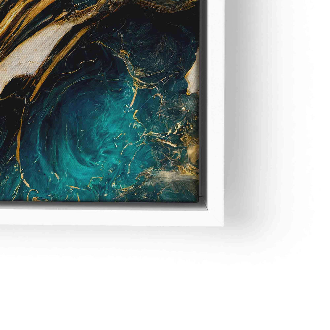 Abstraktes Wandbild mit marmoriertem blau-goldenem Muster in weißem Rahmen